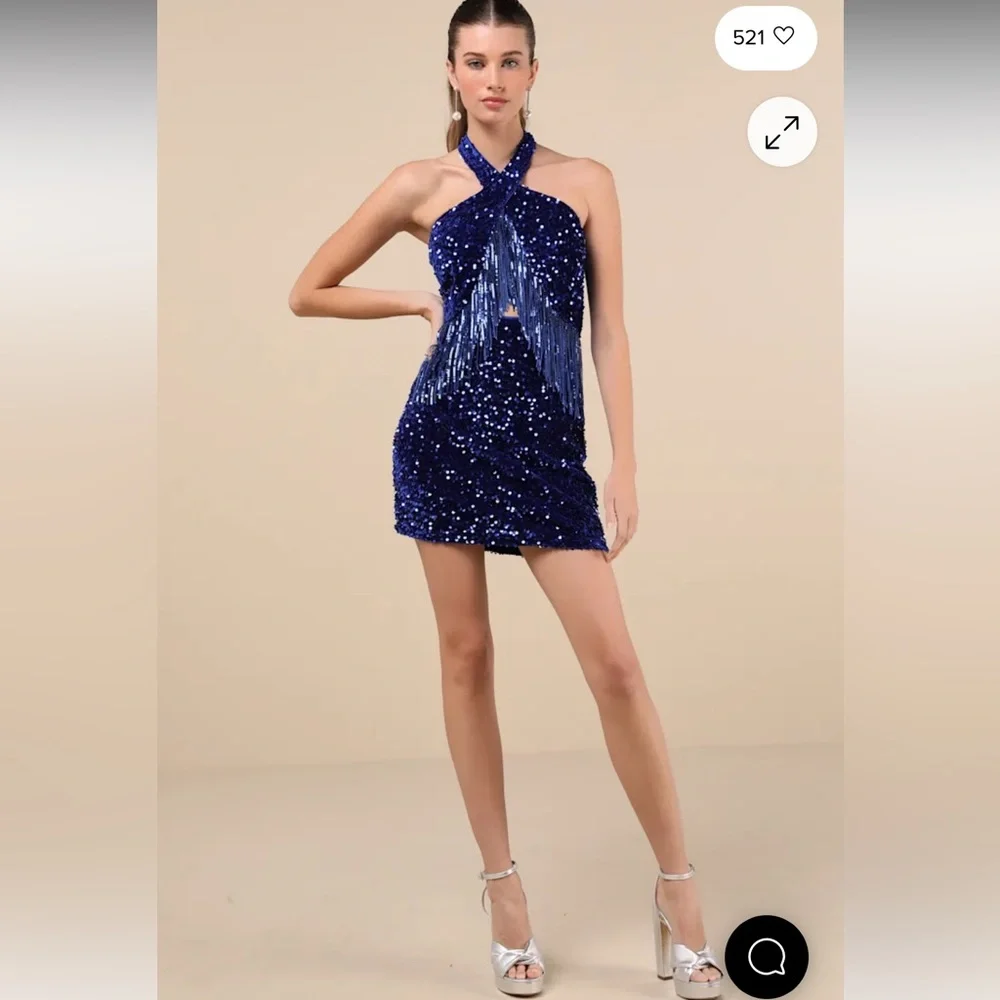Lulus Royal Blue Elevated Dazzle Velvet Sequin Fringe Halter Mini Dress NWT L - Picture 2 of 16